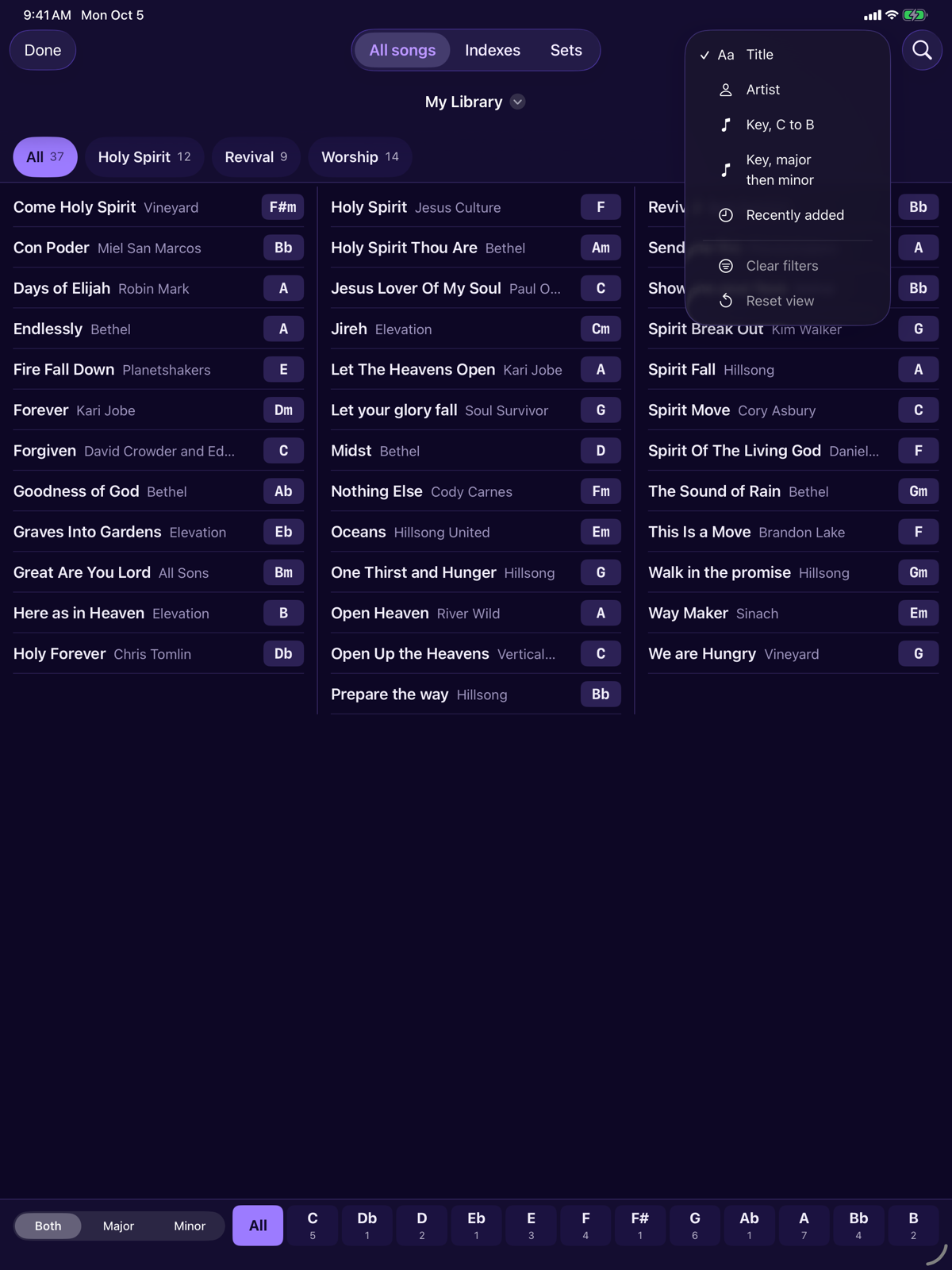 The All songs sort menu, with Title checked.