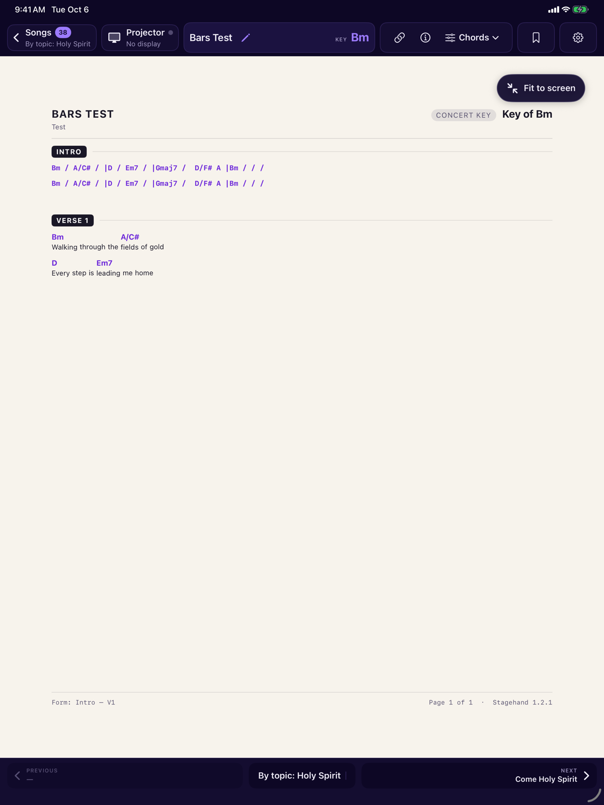 Bars Test, with an Intro of two bar-pattern lines and Verse 1 chords over the lyric.