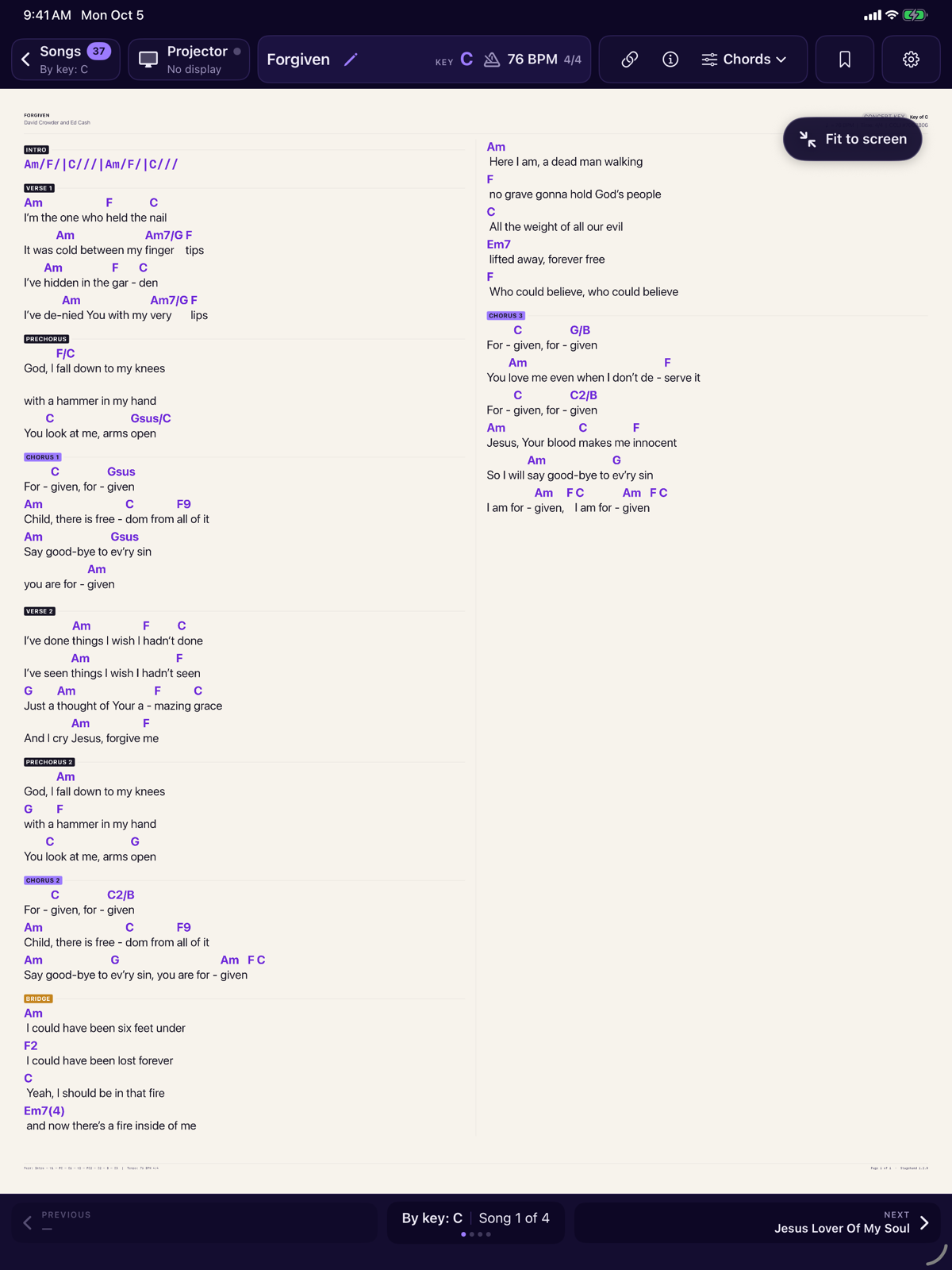 The same chart smaller, with both columns showing more of the song and a Fit to screen button.