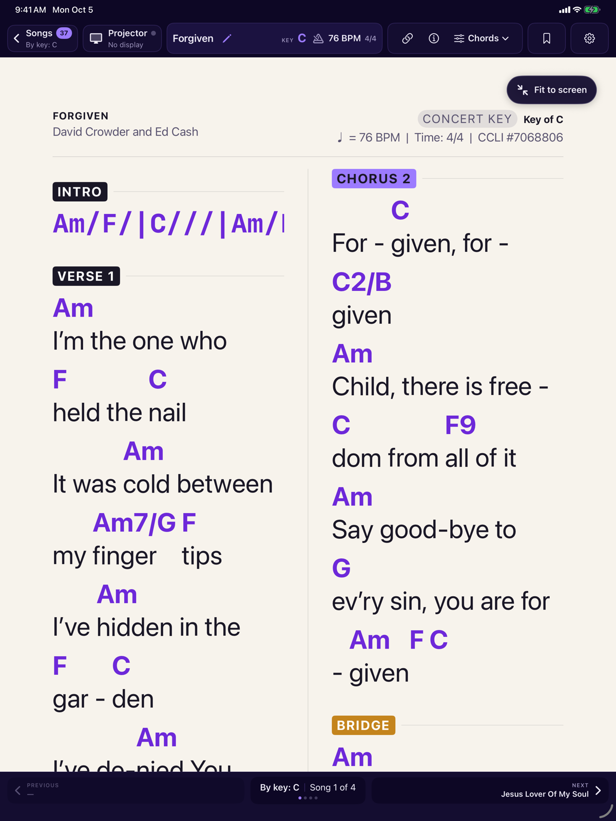 Forgiven in two columns at a large size, with a Fit to screen button.