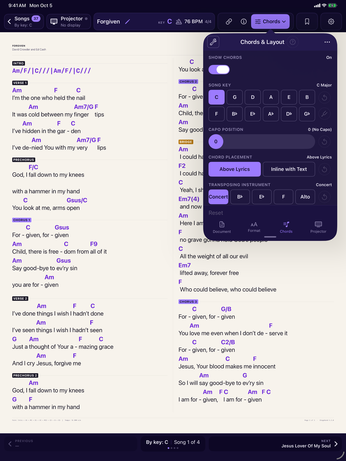 The Chords and Layout panel open on the Chords tab, with Show Chords on.