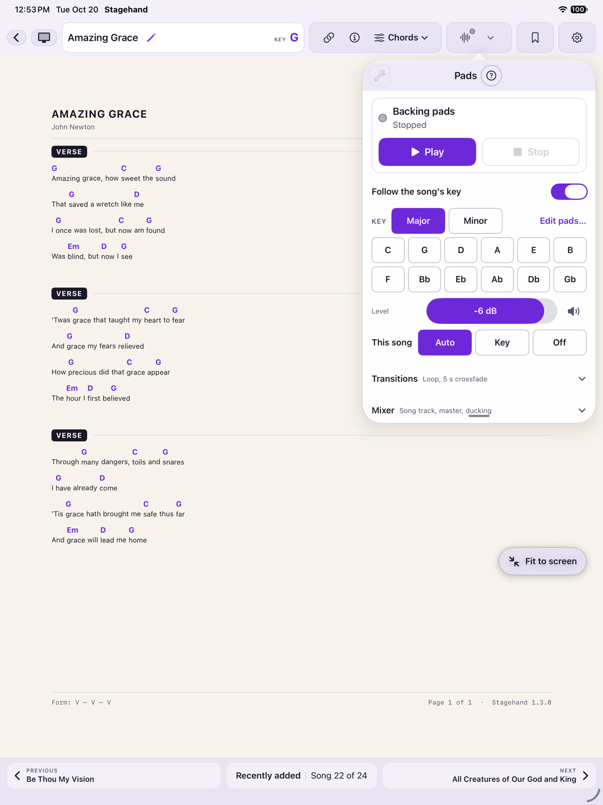iPad Pads panel, stopped: the status light is grey, Play is ready, Stop is dimmed, Follow the song’s key is on, and the key grid is below.
