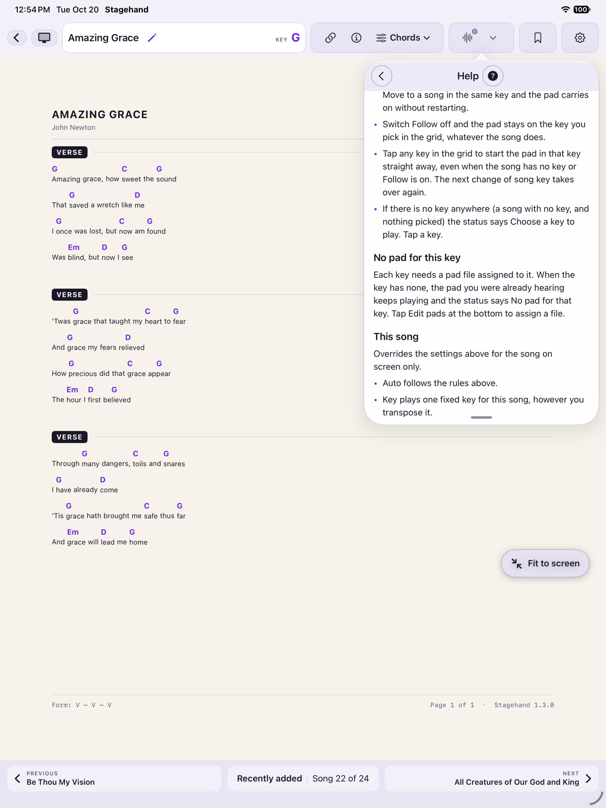 iPad Pads panel showing its help text: Play, Pause and Stop, and Which key plays.