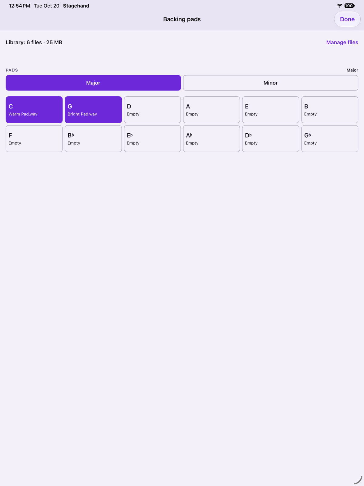 The Backing pads screen: a grid of twelve keys with Major selected. C and G have files assigned and the others are empty.