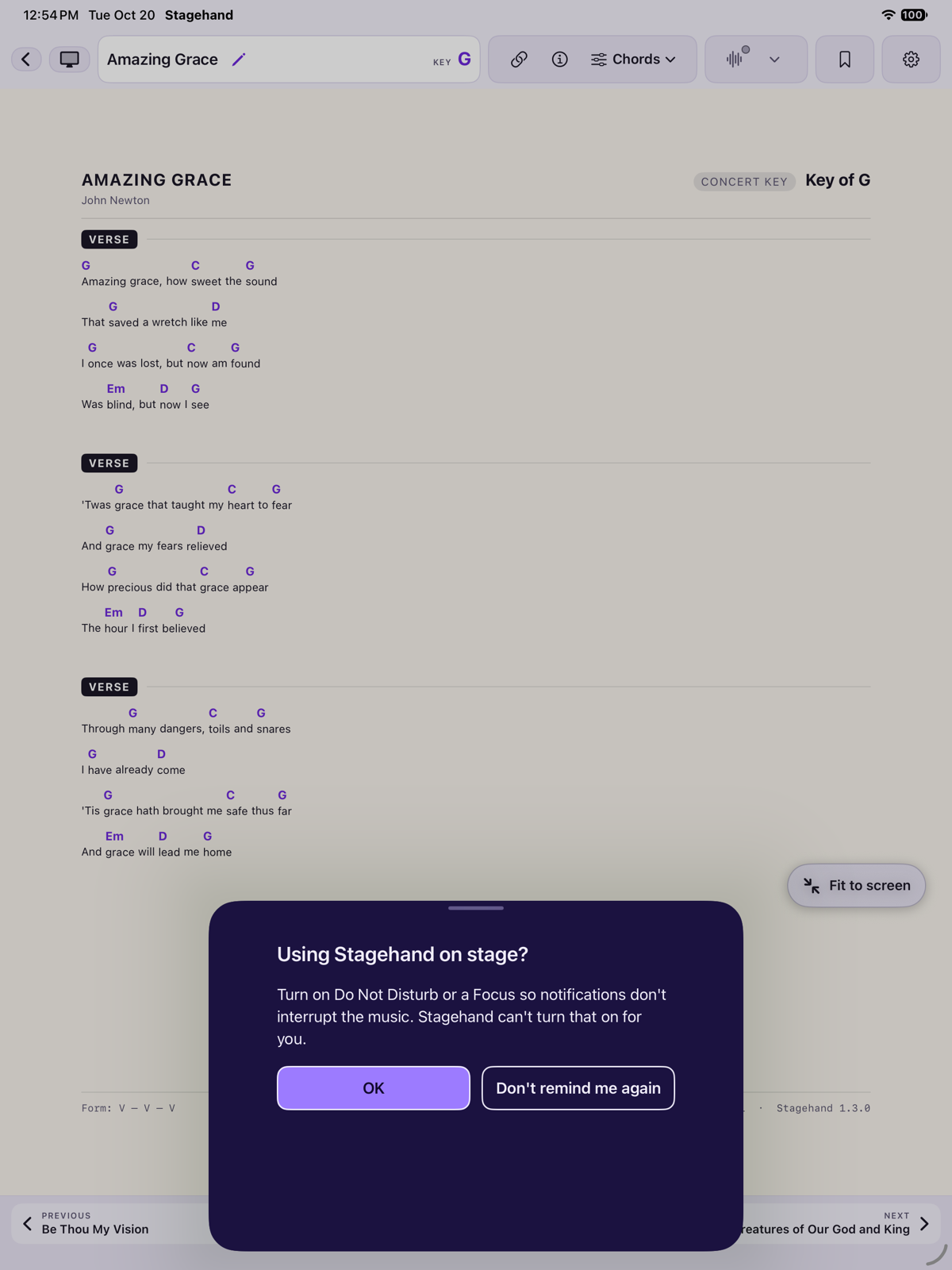 The reminder: Using Stagehand on stage? Turn on Do Not Disturb or a Focus so notifications don’t interrupt the music. OK and Don’t remind me again.