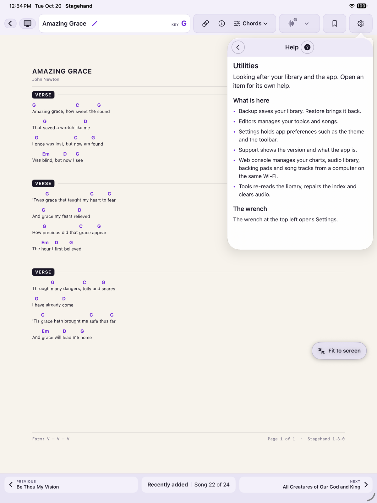 The Utilities help: what is in the menu, and what the wrench does.