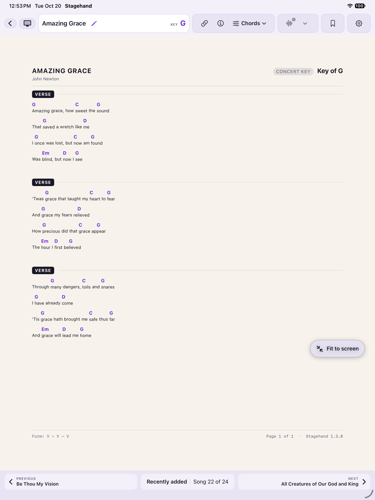iPad chart in portrait. The top bar shows Songs and Projector as icons, the title, link, info and Chords, the bookmark, the pads control with its light, and the gear.