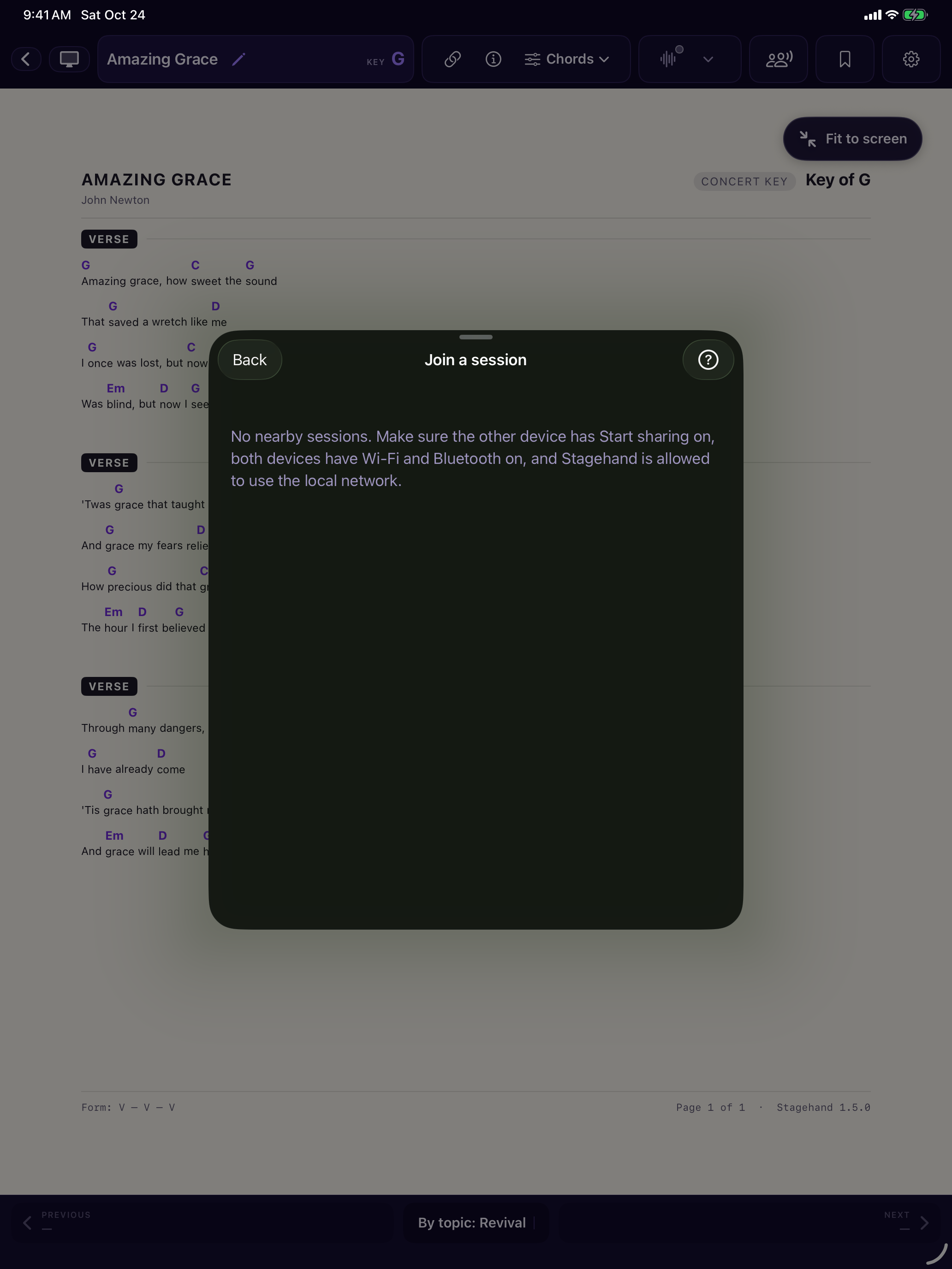 The Join a session sheet. No host is listed yet. The text says to turn on Start sharing, Wi-Fi and Bluetooth, and to allow the local network.