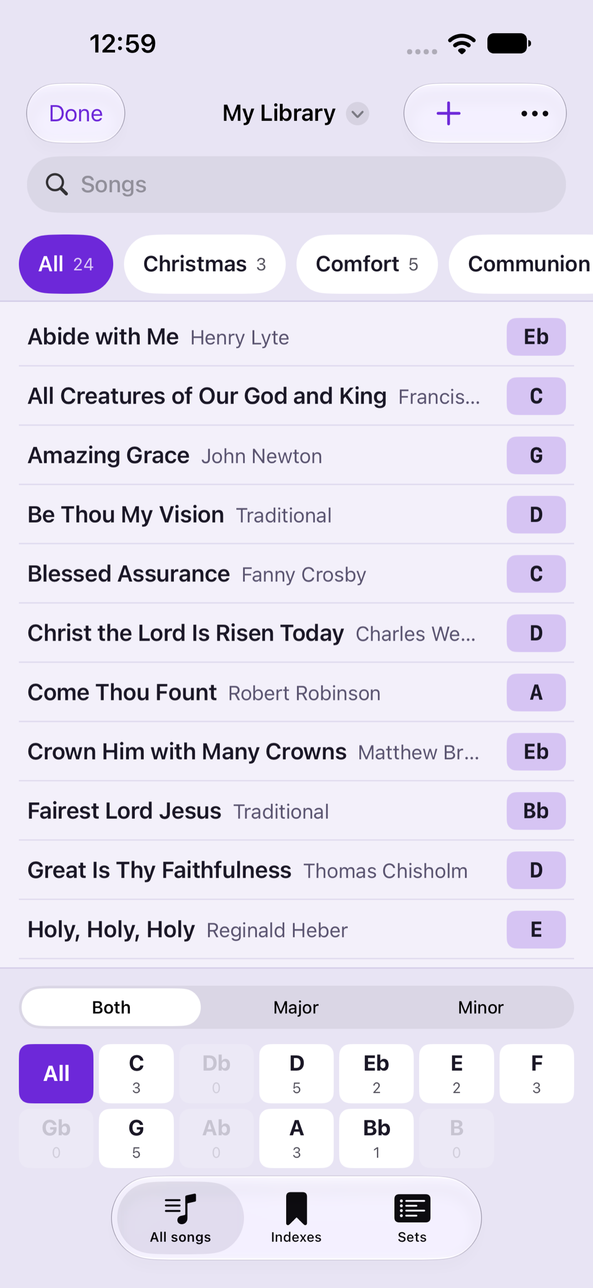 iPhone All songs: one column, topic chips along the top, and key chips in two rows.