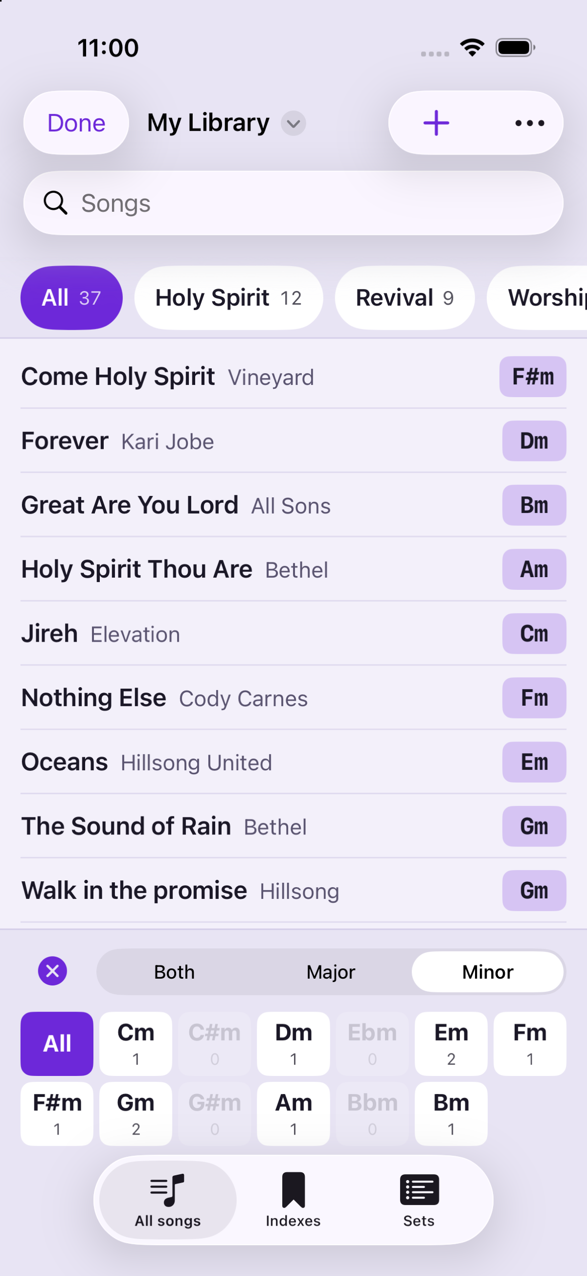iPhone library with Minor selected and minor key chips in two rows.