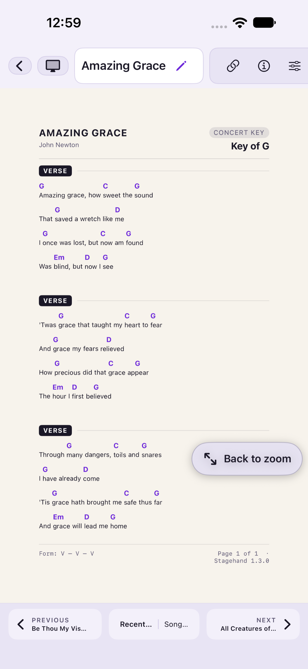 iPhone chart for Amazing Grace, with a short toolbar and a Back to zoom button.