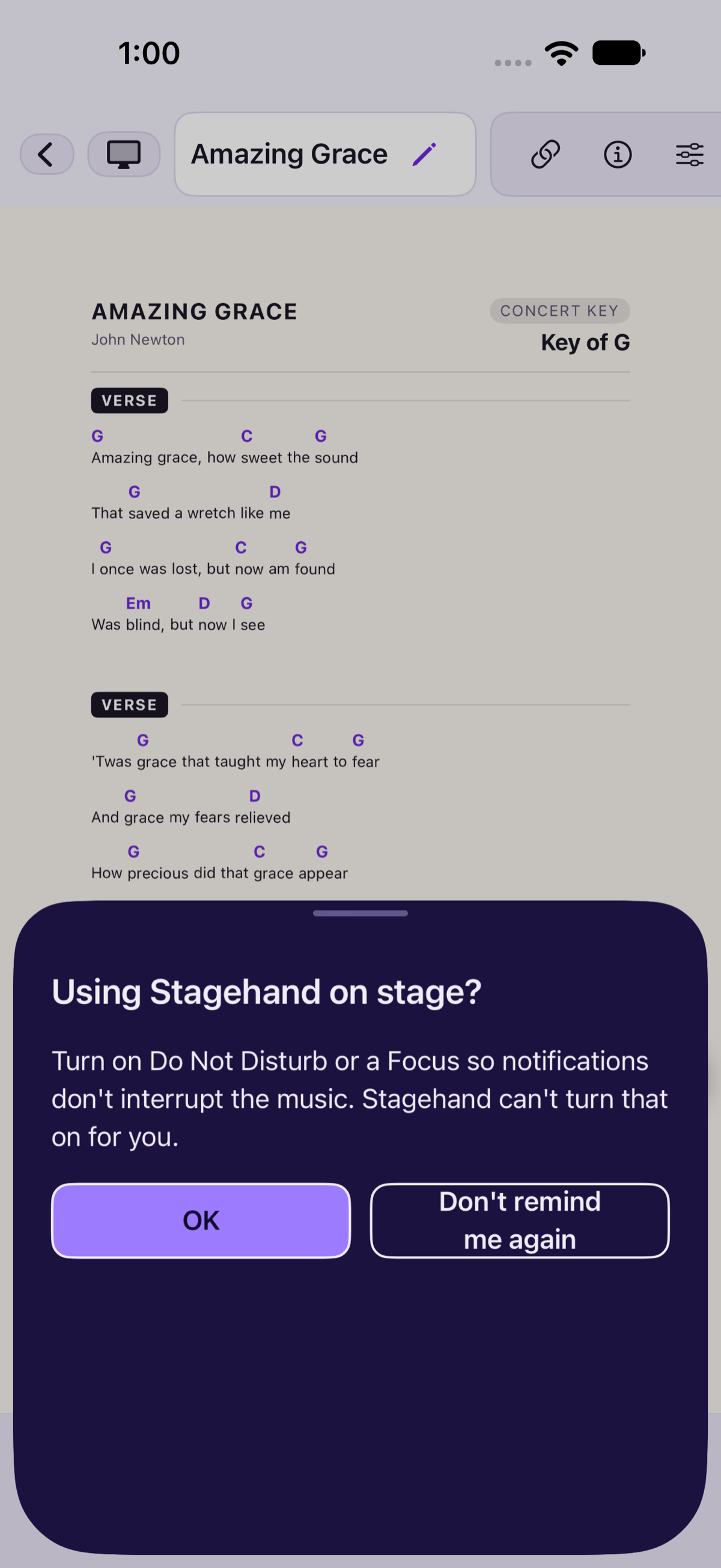 iPhone: the Do Not Disturb reminder over a chart.