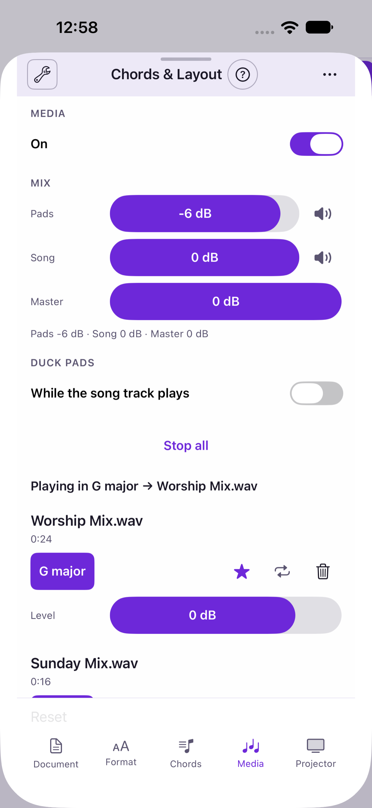 iPhone Media tab: Media is on, the mix levels, and two tracks tagged G major, Worship Mix and Sunday Mix.